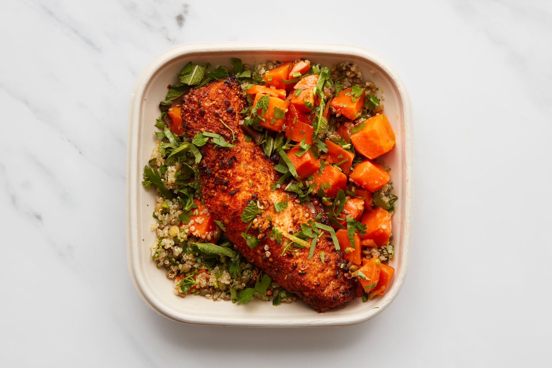Lions prep -  Hazelnut Dukkah Crusted Salmon with Moroccan Sauce, Herby Quinoa, Carrot & Lentil Tabbouleh