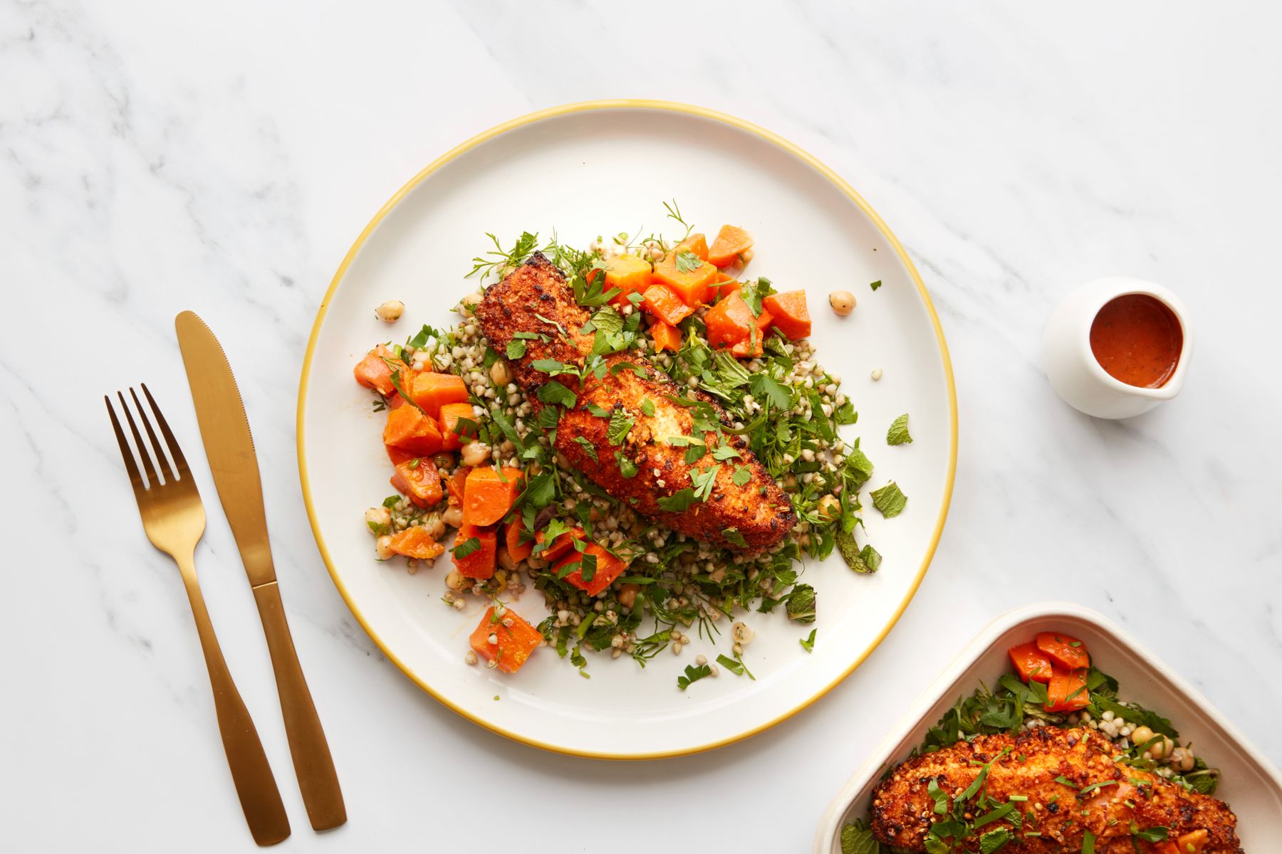 Lions prep - Hazelnut Dukkah Crusted Salmon with Moroccan Sauce, Herby Buckwheat, Chickpea & Carrot Tabbouleh