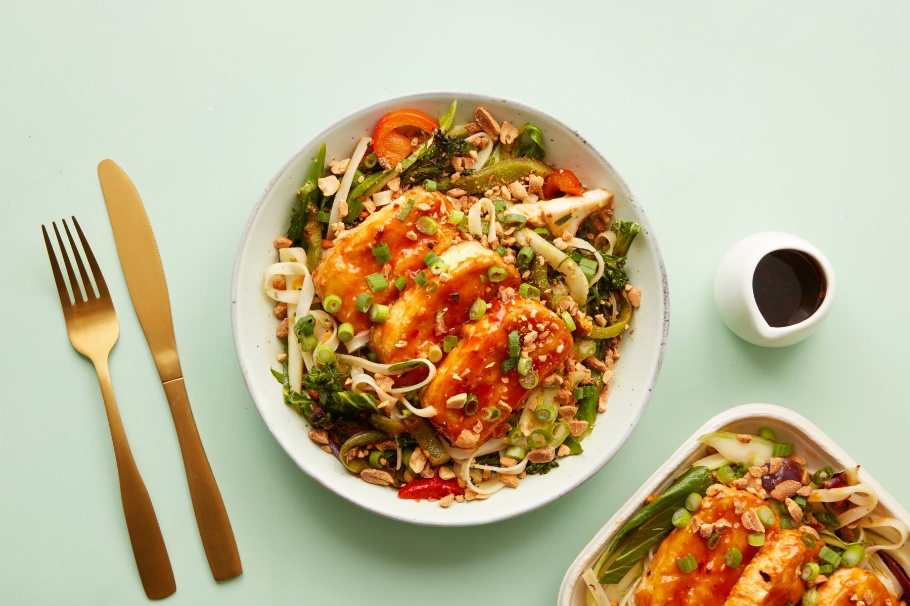 Lions prep - Taiwanese Chilli Tofu with Peanut Noodle Salad, Sesame Dressed Broccoli & Nam Jim Sauce