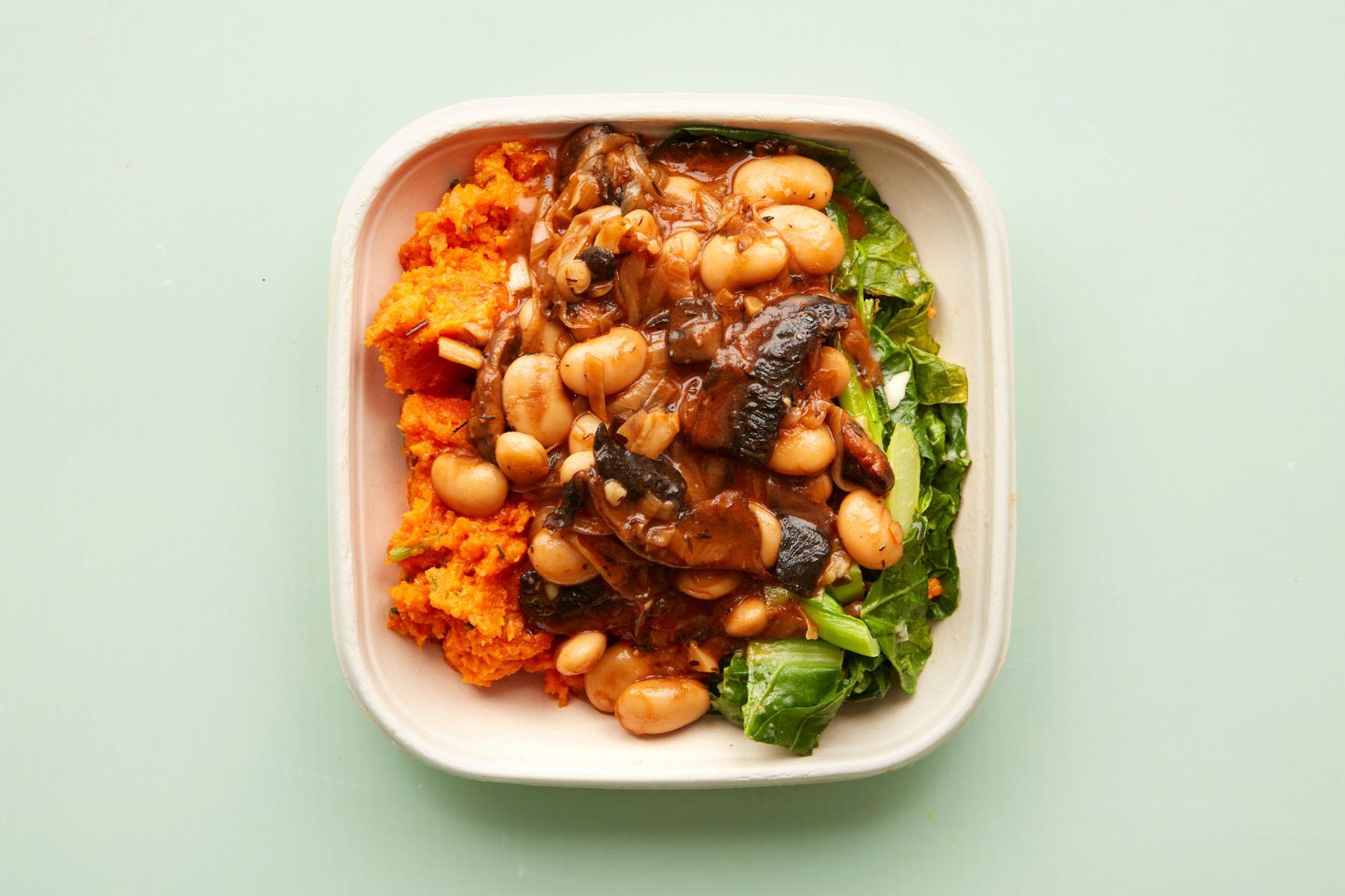Lions Prep - Mushroom & Butterbean Cassoulet with Smashed Garlic, Parsley Butter Carrot Mash & Spring Greens