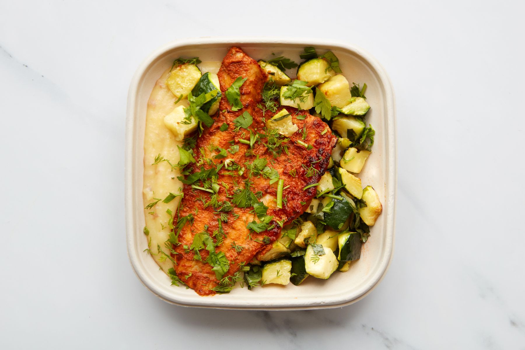 Lions Prep - Mediterranean Baked Sea Bass, Creamed Potatoes, Basil Roasted Courgettes & Tomato Butter Sauce